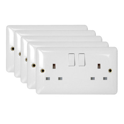 5 Pack Arlec White Slim Line 13A Double 2 Gang Switched Socket Screwed Slimline Profile Single Pole SP