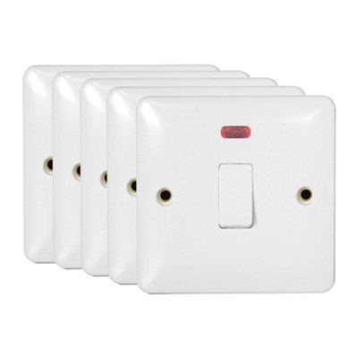 5 Pack Arlec White Slim Line 20A Single 1 Gang Screwed DP Double Pole Flex Outlet Switch with Neon Indicator Light Slimline