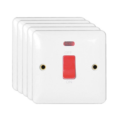 5 Pack Arlec White Slim Line 45A Single Plate 1 Gang Screwed DP Double Pole Switch with Neon Light Indicator 45 Amp Slimline