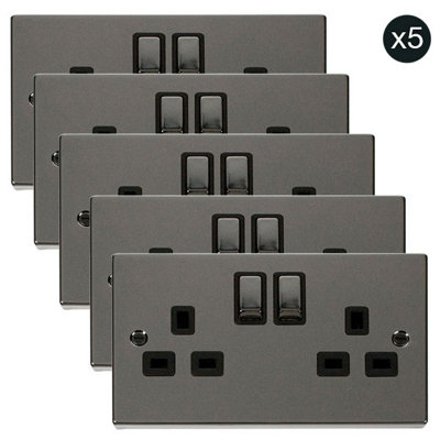 5 PACK - Black Nickel 2 Gang 13A DP Ingot Twin Double Switched Plug Socket - Black Trim - SE Home