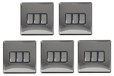 5 Pack Black Nickel Screwless 10A 3 Gang 2 Way Light Switch
