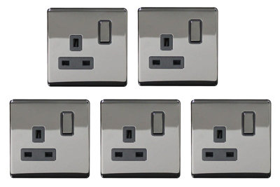 5 Pack Black Nickel Screwless 13A 1 Gang Double Pole Switched Plug ...