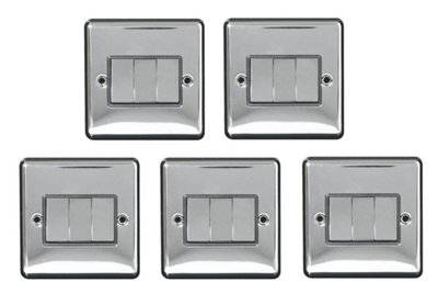 5 Pack Chrome 3 Gang 2 Way Light Switch 10A Polished Finish Screwed ...