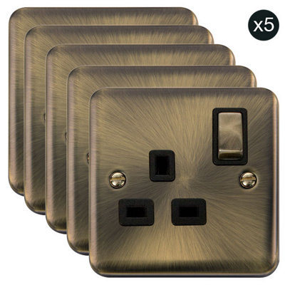 5 PACK - Curved Antique Brass 1 Gang 13A DP Ingot Switched Plug Socket - Black Trim - SE Home