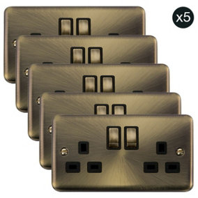 5 PACK - Curved Antique Brass 2 Gang 13A DP Ingot Twin Double Switched Plug Socket - Black Trim - SE Home