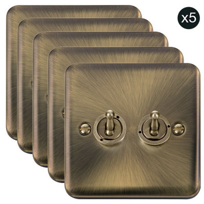 5 PACK - Curved Antique Brass 2 Gang 2 Way 10AX Toggle Light Switch - SE Home