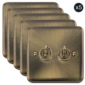 5 PACK - Curved Antique Brass 2 Gang 2 Way 10AX Toggle Light Switch - SE Home