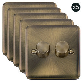 5 PACK - Curved Antique Brass 2 Gang 2 Way LED 100W Trailing Edge Dimmer Light Switch - SE Home