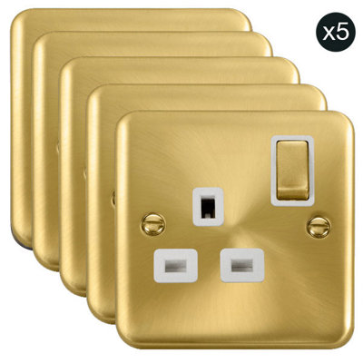 5 PACK - Curved Satin / Brushed Brass 1 Gang 13A DP Ingot Switched Plug Socket - White Trim - SE Home
