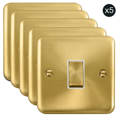 5 PACK - Curved Satin / Brushed Brass 10A 1 Gang 2 Way Ingot Light Switch - White Trim - SE Home