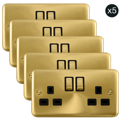 5 PACK - Curved Satin / Brushed Brass 2 Gang 13A DP Ingot Twin Double ...