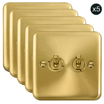 5 PACK - Curved Satin / Brushed Brass 2 Gang 2 Way 10AX Toggle Light Switch - SE Home