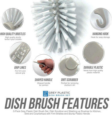 5-Pack Fantail Grey Plastic Dish Brush Set - 3
