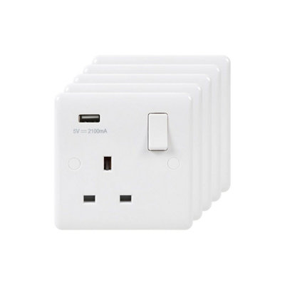5 Pack - Lieber Silk White 1 Gang Single USB Socket - Curved Edge