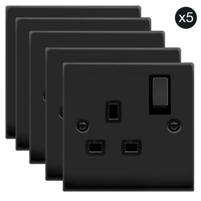 5 PACK - Matt Black 1 Gang 13A DP Ingot Switched Plug Socket - Black Trim - SE Home