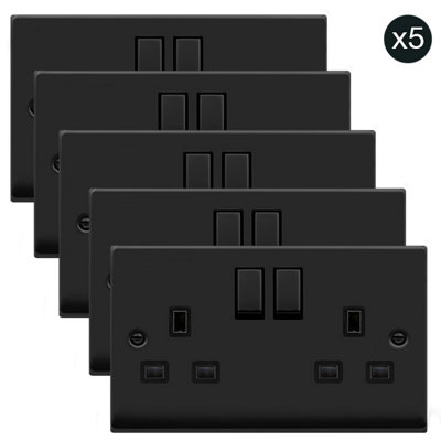 5 PACK - Matt Black 2 Gang 13A DP Ingot Twin Double Switched Plug Socket - Black Trim - SE Home