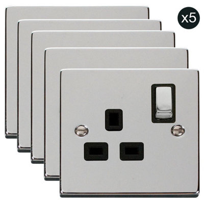 5 PACK - Polished Chrome 1 Gang 13A DP Ingot Switched Plug Socket - Black Trim - SE Home