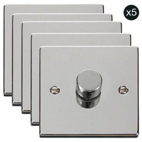 5 PACK - Polished Chrome 1 Gang 2 Way LED 100W Trailing Edge Dimmer Light Switch - SE Home