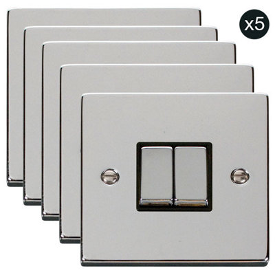 5 PACK - Polished Chrome 10A 2 Gang 2 Way Ingot Light Switch - Black Trim - SE Home