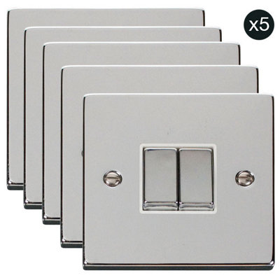 5 PACK - Polished Chrome 10A 2 Gang 2 Way Ingot Light Switch - White Trim - SE Home