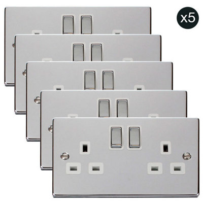 5 PACK - Polished Chrome 2 Gang 13A DP Ingot Twin Double Switched Plug Socket - White Trim - SE Home