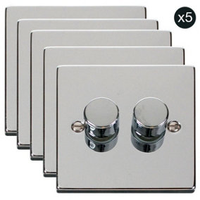 5 PACK - Polished Chrome 2 Gang 2 Way LED 100W Trailing Edge Dimmer Light Switch - SE Home