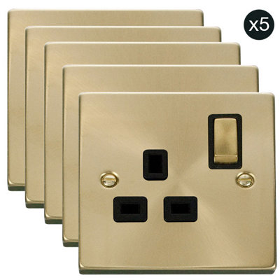 5 PACK - Satin / Brushed Brass 1 Gang 13A DP Ingot Switched Plug Socket - Black Trim - SE Home