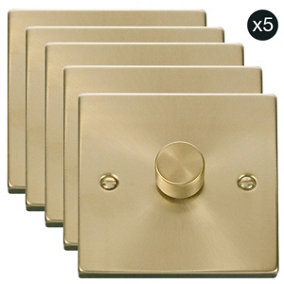 5 PACK - Satin / Brushed Brass 1 Gang 2 Way LED 100W Trailing Edge Dimmer Light Switch - SE Home
