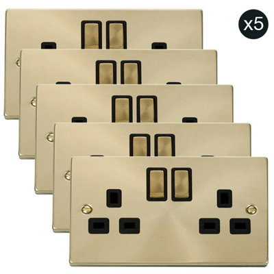 5 PACK - Satin / Brushed Brass 2 Gang 13A DP Ingot Twin Double Switched Plug Socket - Black Trim - SE Home