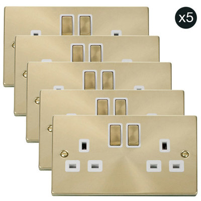 5 PACK - Satin / Brushed Brass 2 Gang 13A DP Ingot Twin Double Switched Plug Socket - White Trim - SE Home