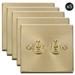 5 PACK - Satin / Brushed Brass 2 Gang 2 Way 10AX Toggle Light Switch - SE Home