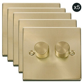 5 PACK - Satin / Brushed Brass 2 Gang 2 Way LED 100W Trailing Edge Dimmer Light Switch - SE Home