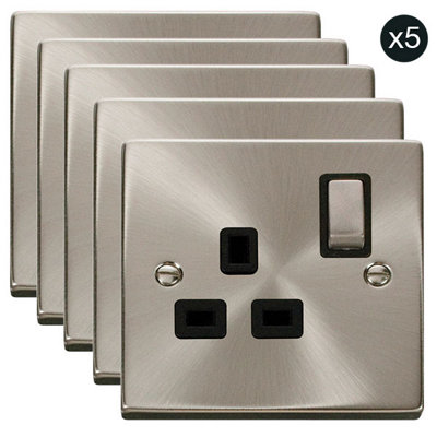5 PACK - Satin / Brushed Chrome 1 Gang 13A DP Ingot Switched Plug Socket - Black Trim - SE Home