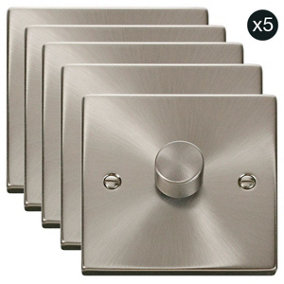 5 PACK - Satin / Brushed Chrome 1 Gang 2 Way LED 100W Trailing Edge Dimmer Light Switch - SE Home