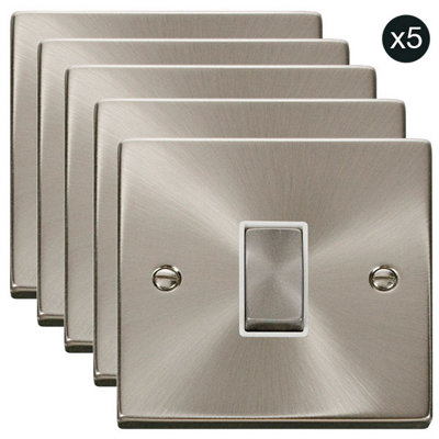 5 PACK - Satin / Brushed Chrome 10A 1 Gang 2 Way Ingot Light Switch - White Trim - SE Home