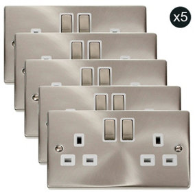 5 PACK - Satin / Brushed Chrome 2 Gang 13A DP Ingot Twin Double Switched Plug Socket - White Trim - SE Home