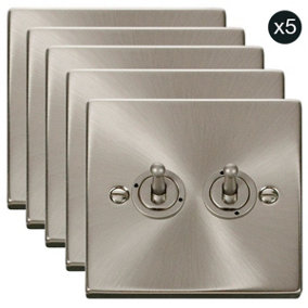 5 PACK - Satin / Brushed Chrome 2 Gang 2 Way 10AX Toggle Light Switch - SE Home