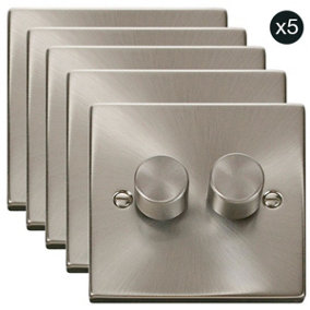 5 PACK - Satin / Brushed Chrome 2 Gang 2 Way LED 100W Trailing Edge Dimmer Light Switch - SE Home