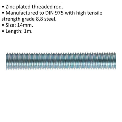 5 PACK Threaded Studding Rod - M14 x 1mm - Grade 8.8 Zinc Plated - DIN 975