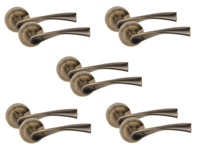 5 Pair Astrid Design Door Handles Antique Brass Finish - Golden Grace