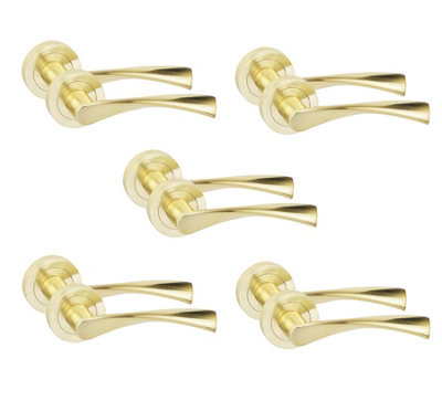 5 Pair Astrid Design Door Handles Satin Brass Finish - Golden Grace