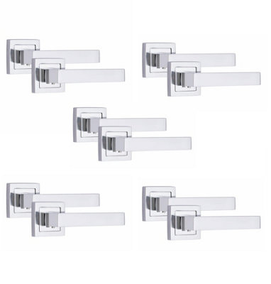 5 Pair Delta Design Door Handles Square Rose Polished Chrome Finish