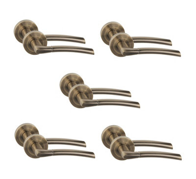 5 Pair Indiana Design Door Handles Antique Brass Finish - Golden Grace