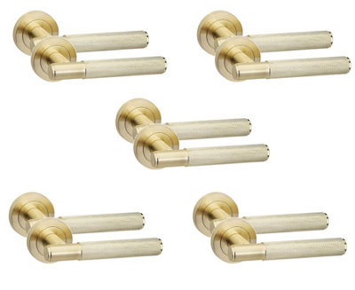 5 Pair Knurled T-Bar Door Handles Satin Brass Finish - Golden Grace