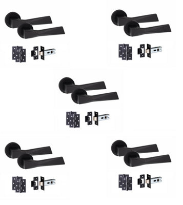 5 Pair Modern Aura Design Matt Black Premium Door Handles Round Rose 3" Ball Bearing Hinges and 2.5" Tubular Latch - Golden Grace