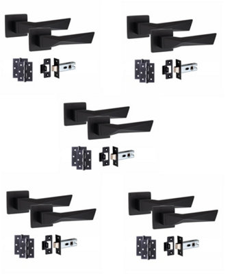 5 Pair Modern Aura Design Matt Black Premium Door Handles Square Rose 3" Ball Bearing Hinges and 2.5" Tubular Latch - Golden Grace