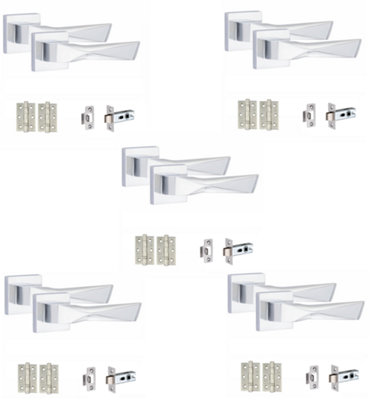 5 Pair Modern Aura Design Polished Chrome Premium Door Handles Square Rose 3" Ball Bearing Hinges and Tubular Latch - Golden Grace