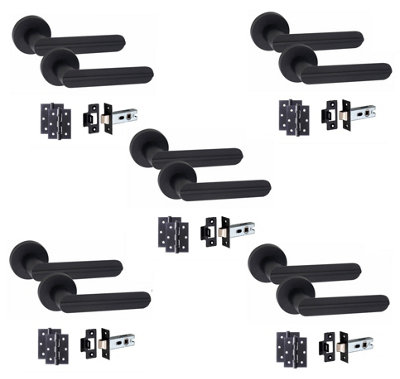 5 Pair Modern Lima Design Matt Black Premium Door Handles Round Rose 3" Ball Bearing Hinges and 2.5" Tubular Latch - Golden Grace