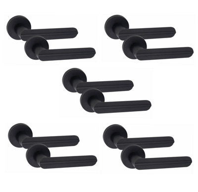 5 Pair Modern Lima Design Matt Black Premium Door Handles Round Rose - Golden Grace