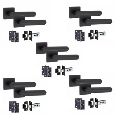 5 Pair Modern Lima Design Matt Black Premium Door Handles Square Rose 3" Ball Bearing Hinges and 2.5" Tubular Latch - Golden Grace Price Comparisons | Compare The Build